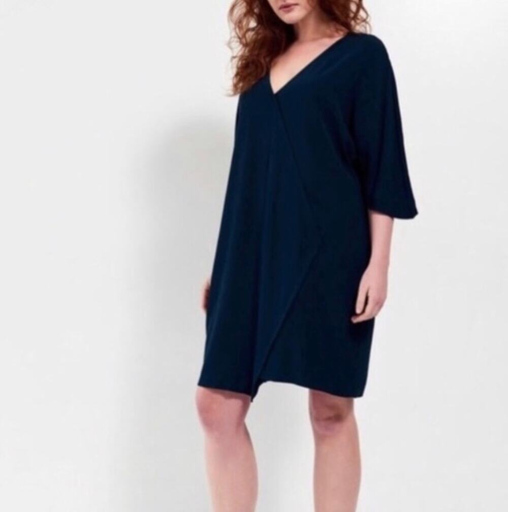 UNIVERSAL STANDARD Katy V Neck Faux Wrap Dress Maritime Navy Blue {M54}